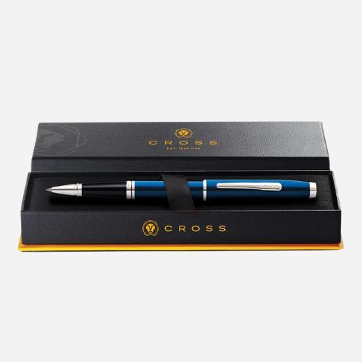 The gift box for the Coventry Blue Lacquer Rollerball Pen with Polished Chrome Trims.