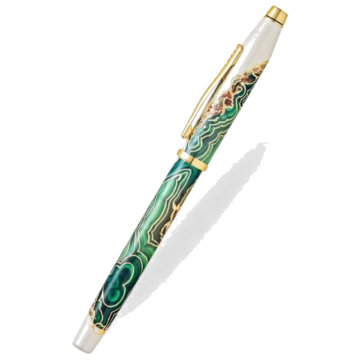 This Wanderlust Borneo Fountain Pen by Cross has a pearlescent white background with green and brown on the barrel and cap.