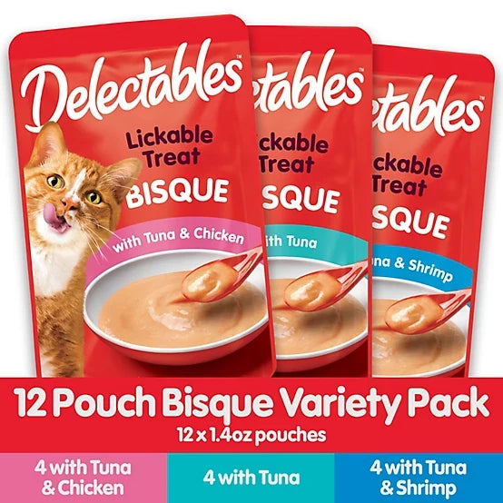Delectables Bisque Variety Pack Lickable Cat Treat and Topper, 12 ct.