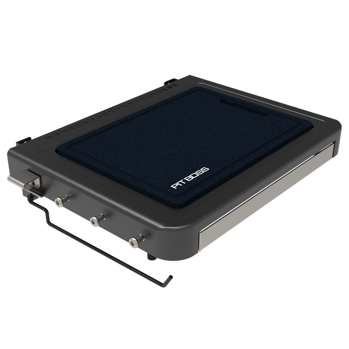 Deluxe Folding Side Shelf by Pit Boss Grills, black and silver, portable grill accessory.