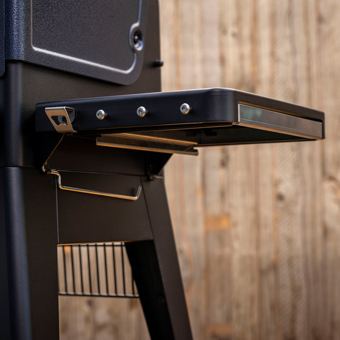 Black Deluxe Folding Side Shelf by Pit Boss Grills, designed for grilling upgrades.