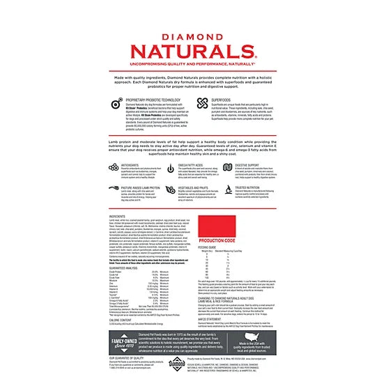 Diamond Naturals Adult Lamb Meal and Rice Formula Dry Dog Food, 40lbs