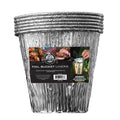 Silver liners and black packaging with white lettering and photos of bbq food