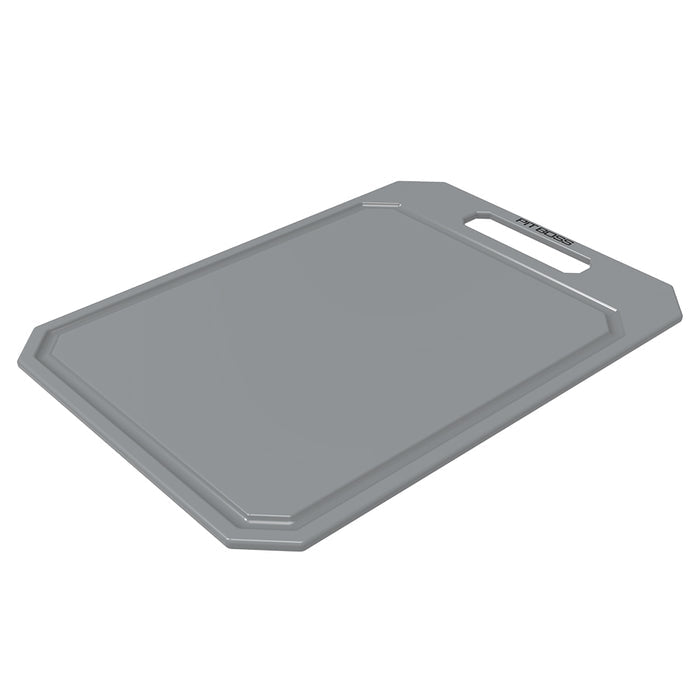 Pit Boss BBQ Food Prep Kit for grilling and smoking. Grey cutting board with Pit Boss logo