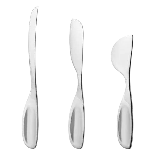 This Georg Jensen Alfredo Cheese Knives Set - 3 Pieces is made out of stainless steel with a mirror polished finish.