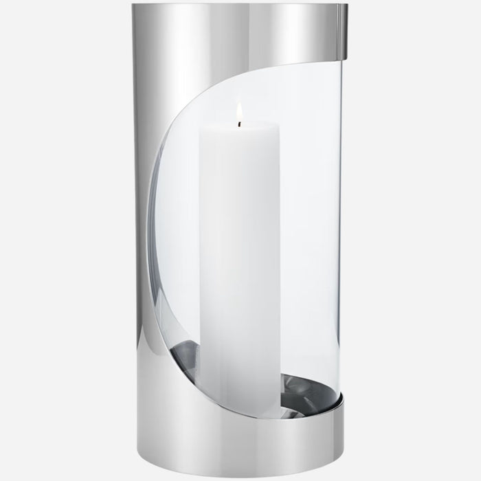 The Chrome Contours Large Stainless Steel and Glass Hurricane Candleholder by Georg Jensen.