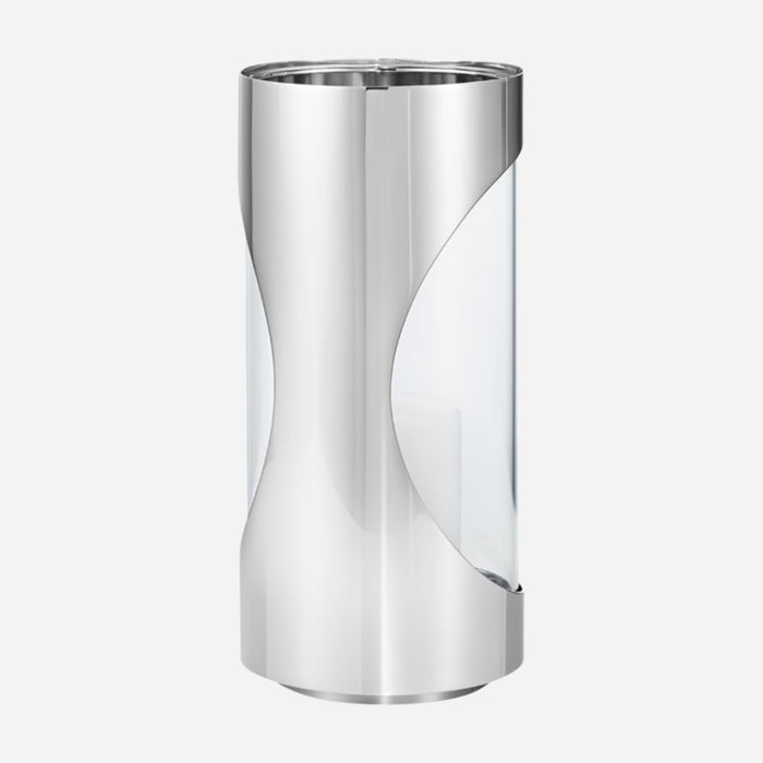 Back view of the Chrome Contours Small Stainless Steel and Glass Hurricane Candleholder.