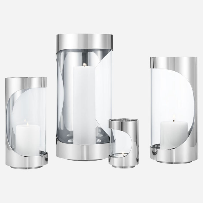 The Chrome Contours collection, including the Chrome Contours Small Stainless Steel and Glass Hurricane Candleholder.