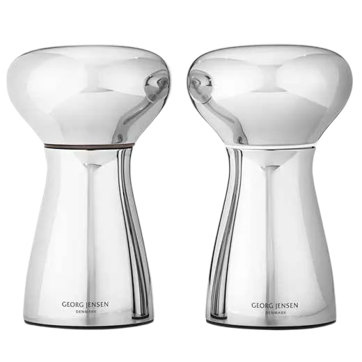 The Georg Jensen Alfredo stainless steel small salt and pepper mills.
