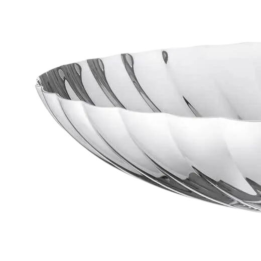 This Georg Jensen Stainless Steel Bernadotte Dish on Stand features a polished mirror finish.