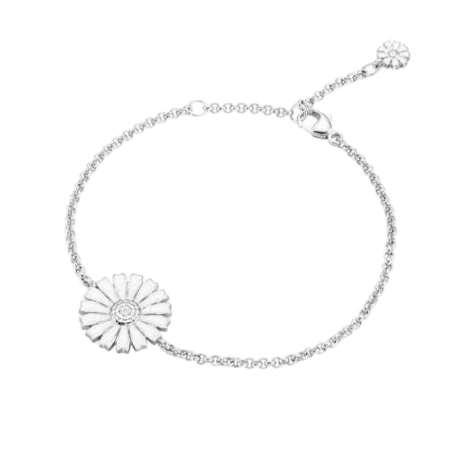 This Sterling Silver Daisy White Enamel Bracelet by Georg Jensen is a delicate bracelet with the centre Daisy embellishment that has been decorated in white enamel.