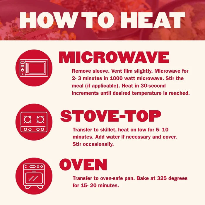 How to heat Hall of Fame Meal Plan meals by microwave, stovetop, or oven for quick heat-and-eat meals