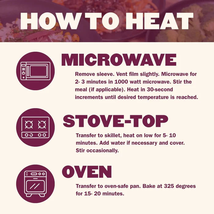How to heat high fiber meal plan entrees by microwave, stovetop, or oven for quick heat-and-eat meals