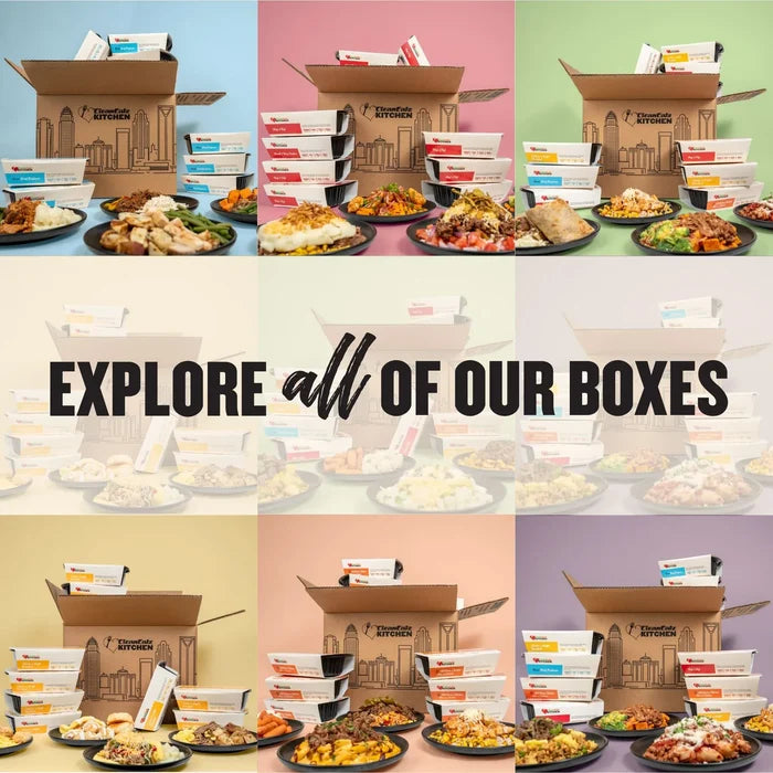Grid of Clean Eatz Kitchen meal delivery boxes on colorful backgrounds with prepared entrees, "explore all of our boxes"