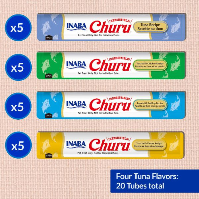 INABA Churu Cat Treats, Wet, Lickable, Squeezable Creamy Purée Cat Treat, 20 Tubes, Tuna Variety Box