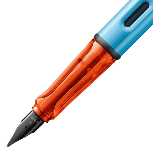 This LAMY AL-Star Denim Special Edition Fountain Pen has a contrasting orange trim near the nib.