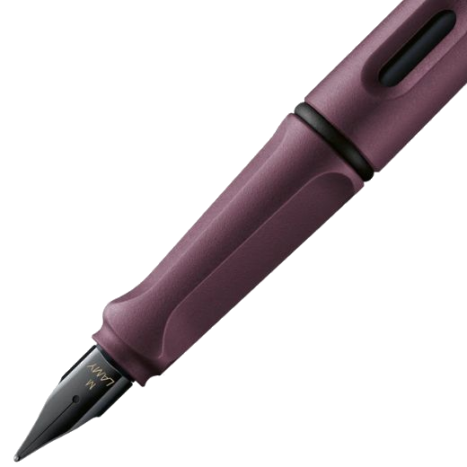 The Safari Scarlet Fountain Pen features an ergonomically shaped grip and an ink window.