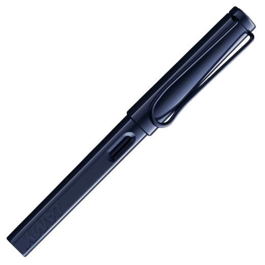 The Safari Special Edition Dark Dusk Fountain Pen has the LAMY brand name subtly engraved on the barrel.