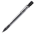 Transparent mechanical pencil with metal clip and eraser underneath button.