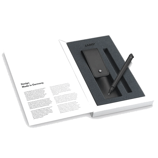 LAMY's Swift Matte Black Rollerball Set features the rollerball and a matching leather case.