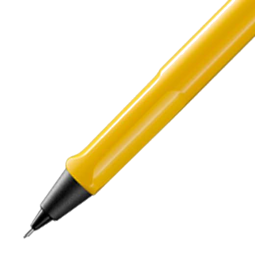 Yellow plastic pencil with black cone and a 0.7mm nib.