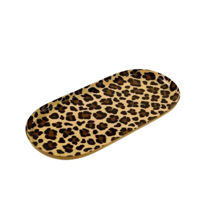 LEOPARD DEKORATĪVA PAPLĀTE 10x22CM, OVĀLA, BALTA/BRŪNA, METĀLS