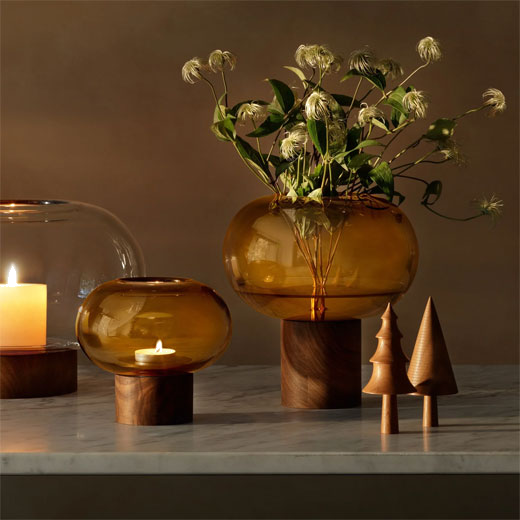 LSA International's Select Oblate Tall Amber Vase with Walnut Base can be used as a candle holder.