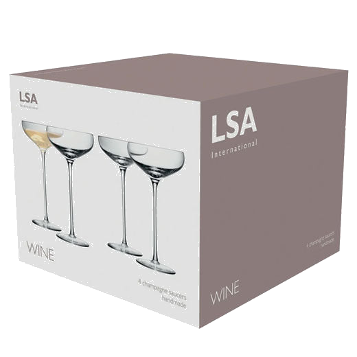 LSA's Signature Wine 4 x Champagne Saucers will be presented inside their own box.
