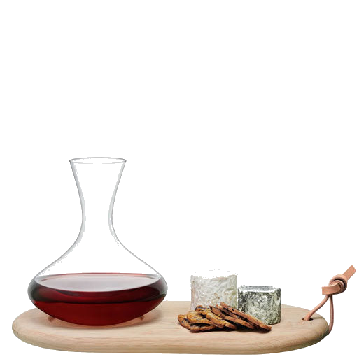LSA's Signature Wine Carafe & Oak Cheese Board has been made by skilled glass blowers.