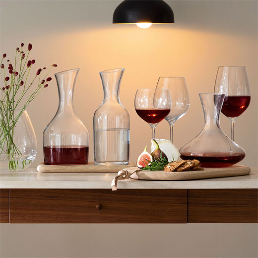 LSA International's Signature Wine & Water Carafe Set with Oak Base is perfect for dinner parties.