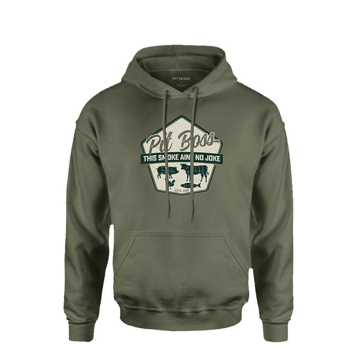 Army Green Pit Boss Grills "Masters of Smoke" hoodie with "This Smoke Ain't No Joke" graphic.