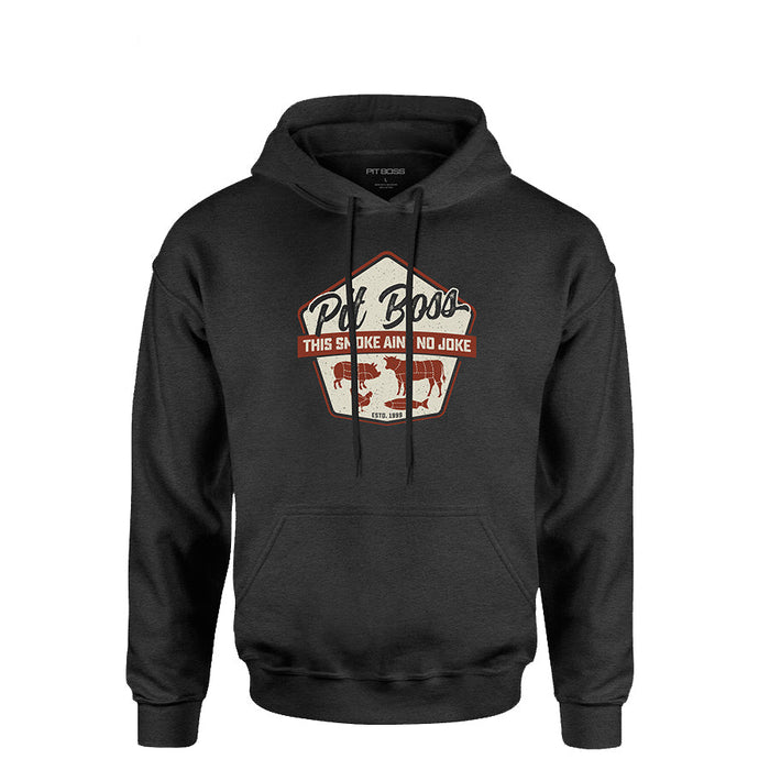 Charcoal heather Pit Boss Grills Masters of Smoke hoodie with "Pit Boss" and "This Smoke Ain't No Joke" graphic.