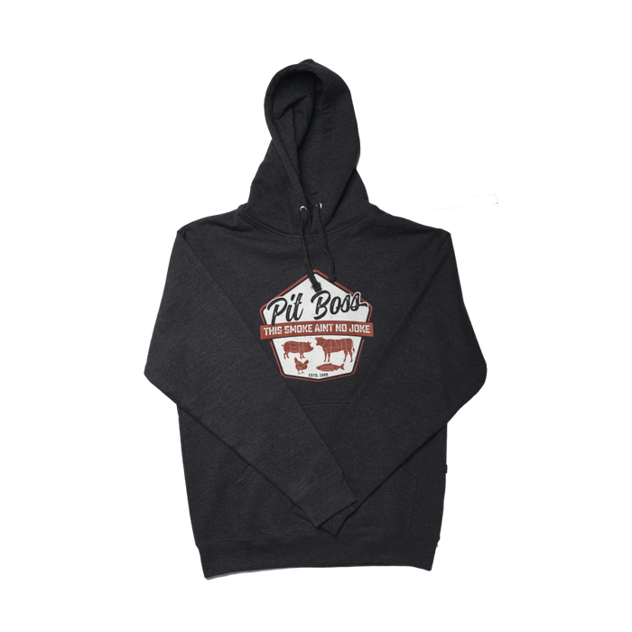 Charcoal heather Pit Boss Grills hoodie with "Pit Boss: This Smoke Ain't No Joke" graphic.
