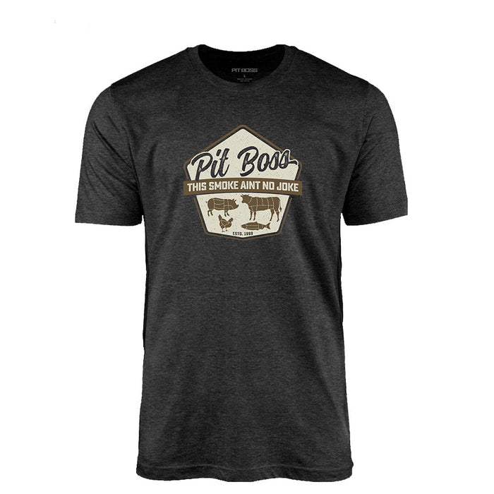 Charcoal heather Pit Boss Grills "Masters of Smoke" men's t-shirt with vintage-style logo and text.