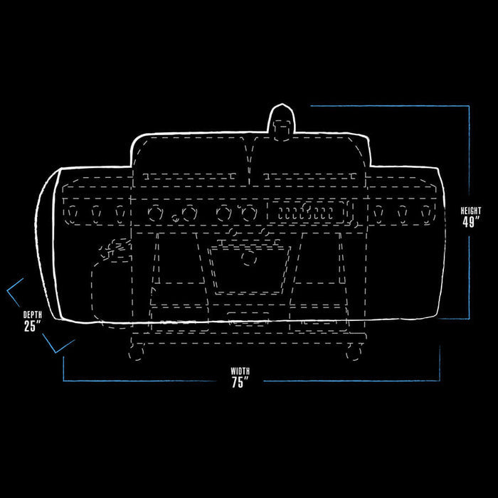 black and white bbq grill cover dimension drawing with blue line accents. grill cover measures 75" x 25" x 49"