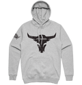 Grey heather Pit Boss Grills Bull Hoody with black bull graphic and "Pit Boss" text.