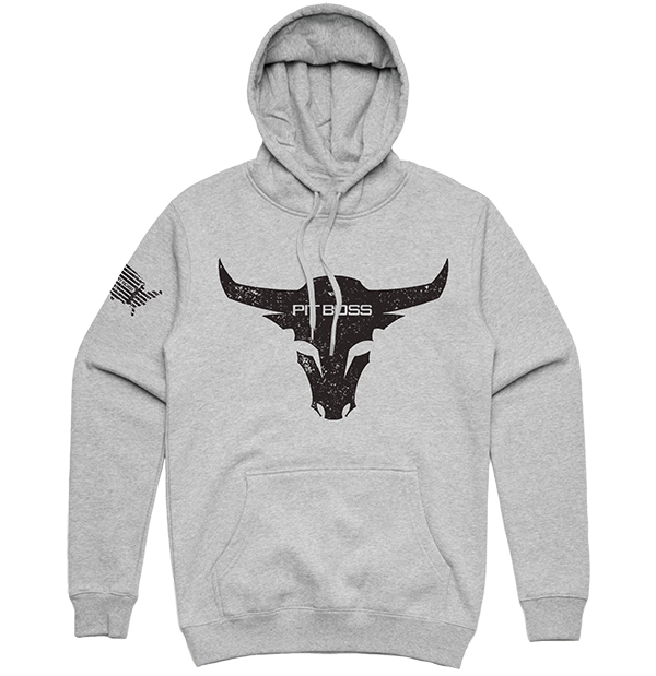 Grey heather Pit Boss Grills Bull Hoody with black bull graphic and "Pit Boss" text.