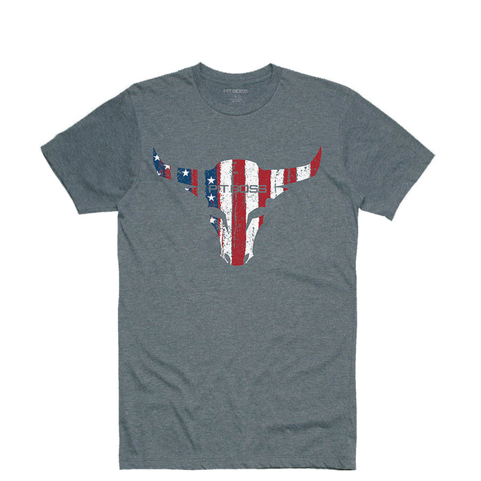 Gray Pit Boss Grills Men’s Heather American Bull T-Shirt with American flag design and bull silhouette.