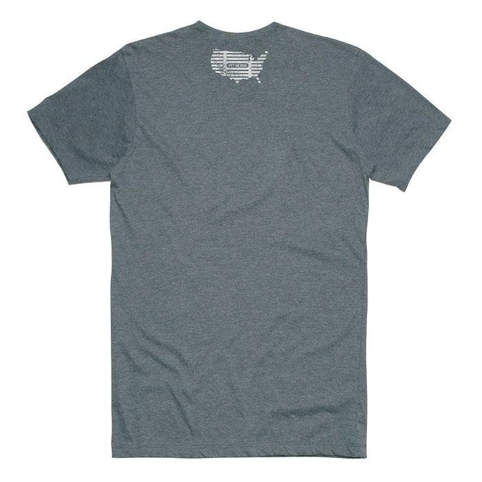 Dark gray heathered men's t-shirt with Pit Boss Grills American Bull design on back.