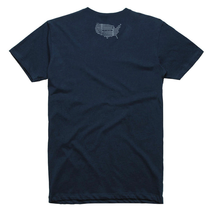 Midnight navy Pit Boss Grills Bull T-Shirt with subtle USA outline design on back.