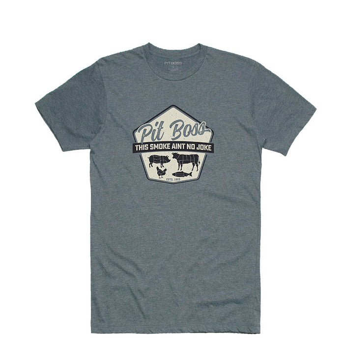 Gray Pit Boss Grills Men’s Titanium Heather Masters of Smoke T-Shirt with "This Smoke Ain't No Joke" design.