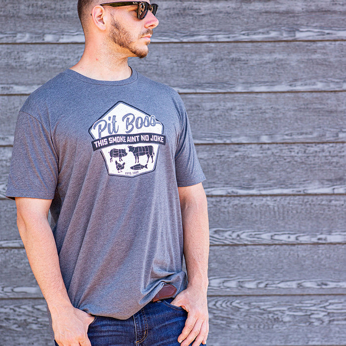 Gray Pit Boss Grills "Masters of Smoke" t-shirt with "This Smoke Ain't No Joke" graphic, featuring a barbecue theme.