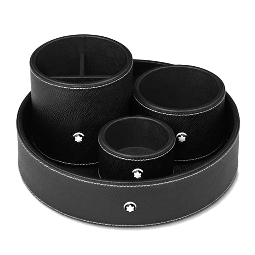 This Black Leather Round Desk Tray, Small by Montblanc can be used on its own or purchased as a set with other items so you can make a desk tidy.