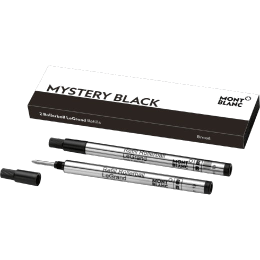 pack of two montblanc legrand mystery black broad rollerball refills. Refills are out next to their bespoke montblanc presentation box.