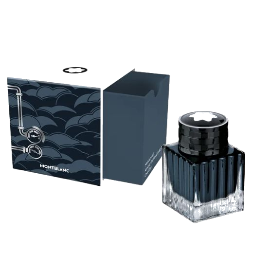 The Meisterstück Around the World in 80 Days 50ml Coal Blue Ink Bottle comes in a small box with a themed print.