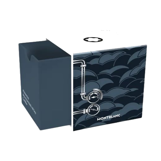 The Meisterstück Around the World in 80 Days 50ml Coal Blue Ink Bottle box is designed with a cloudy sky and gauges.