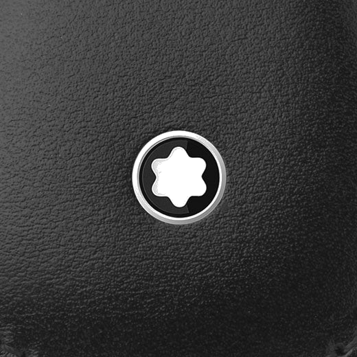 This Montblanc Meisterstück Black Leather Key Fob has a snowcap emblem on the front with the brand name embossed on the back.