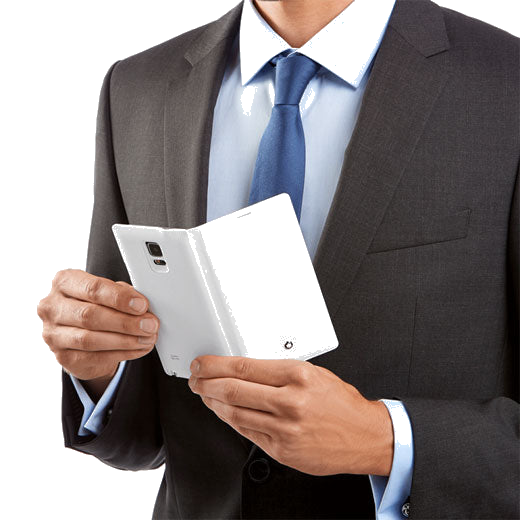Montblanc model using the White Samsung Galaxy Note 4 phone case.