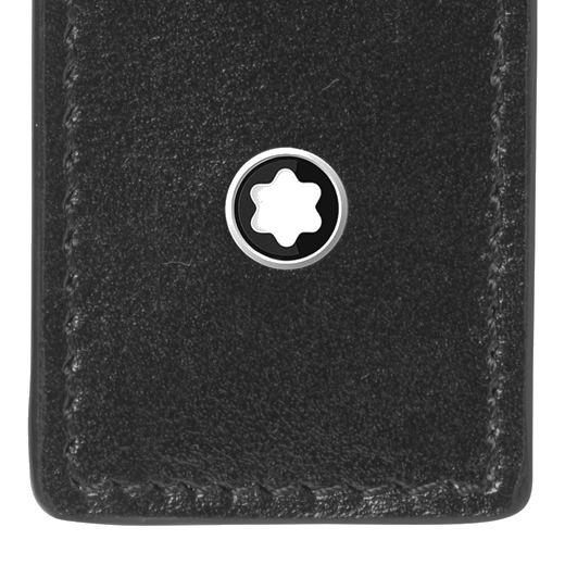 This Meisterstück Single Black Leather Pen Pouch by Montblanc has the snowcap emblem on the front and the Montblanc embossed name on the back.