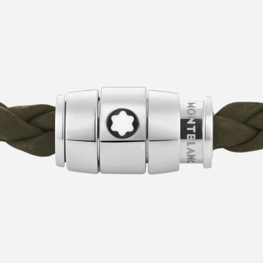 The clasp on the Men's Khaki Leather and Stainless Steel 3 Ring Bracelet.